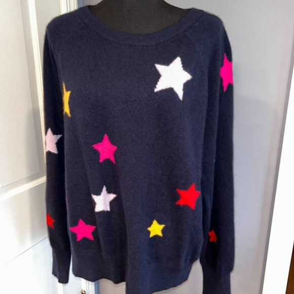 White + Warren, Dark Navy Cashmere Sweater with Stars, Ladies Size L - Picture 3 of 8